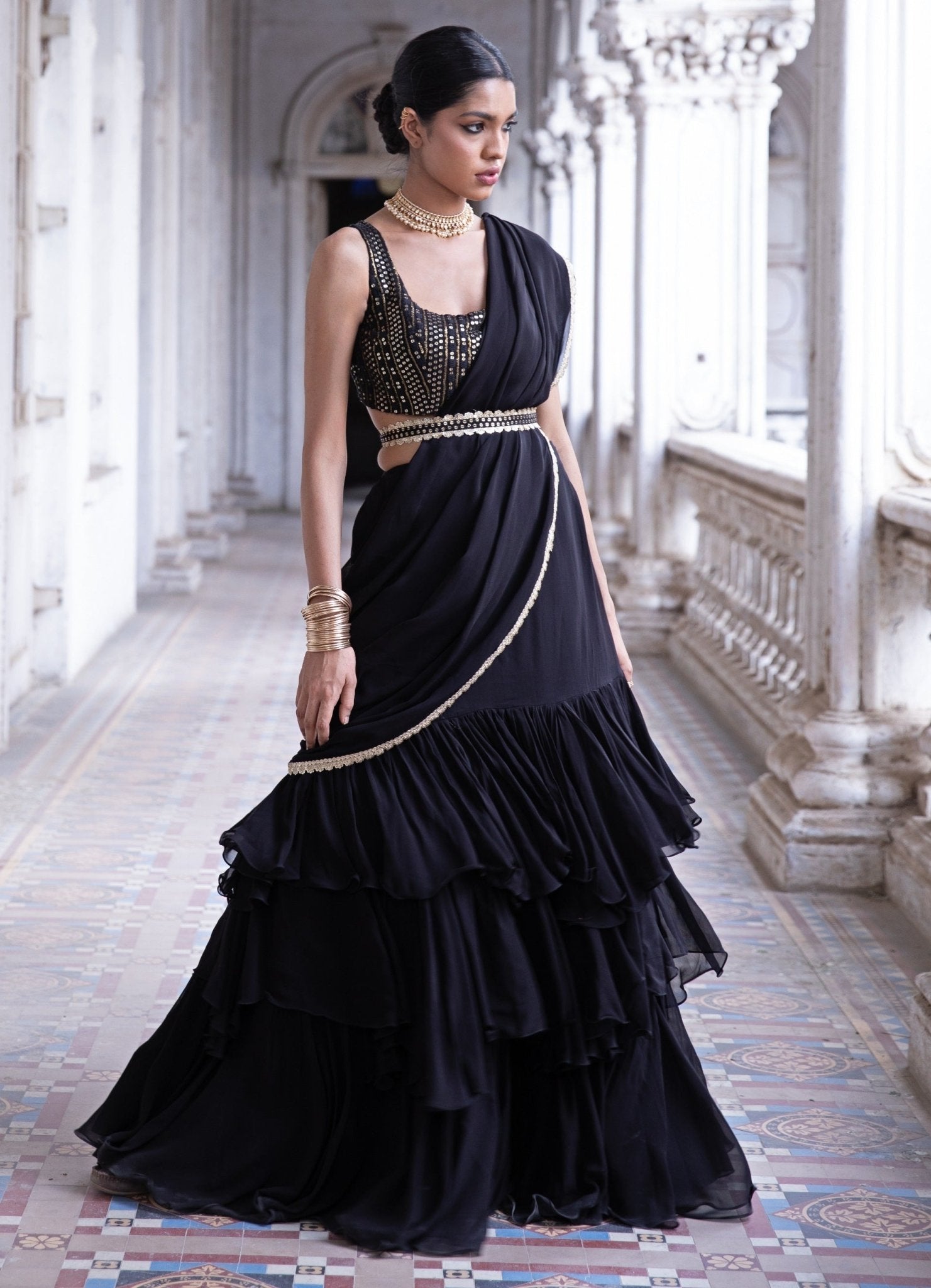 Pia Black Lehenga Saree Set by Renee Label — flowing black saree silhouette