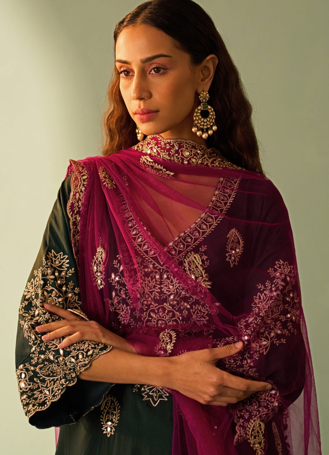Pine Green Silk And Crimson Kurta Set Angad Singh - Fabilicious Fashion