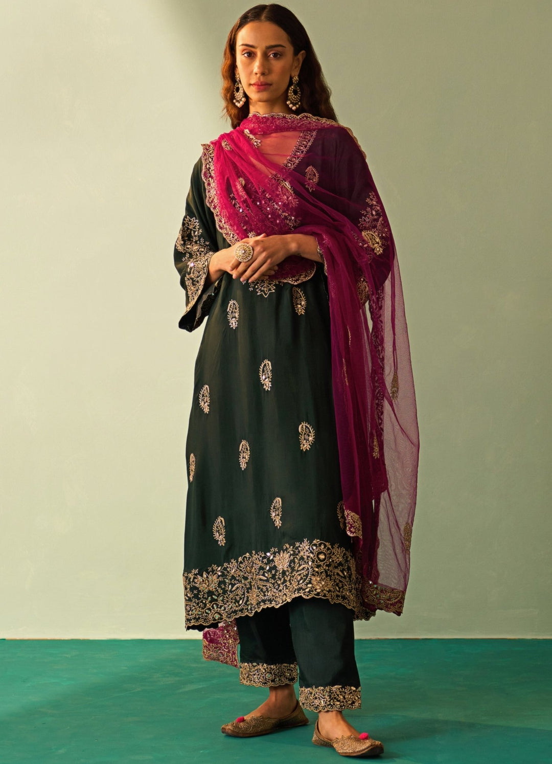 Pine Green Silk And Crimson Kurta Set Angad Singh - Fabilicious Fashion