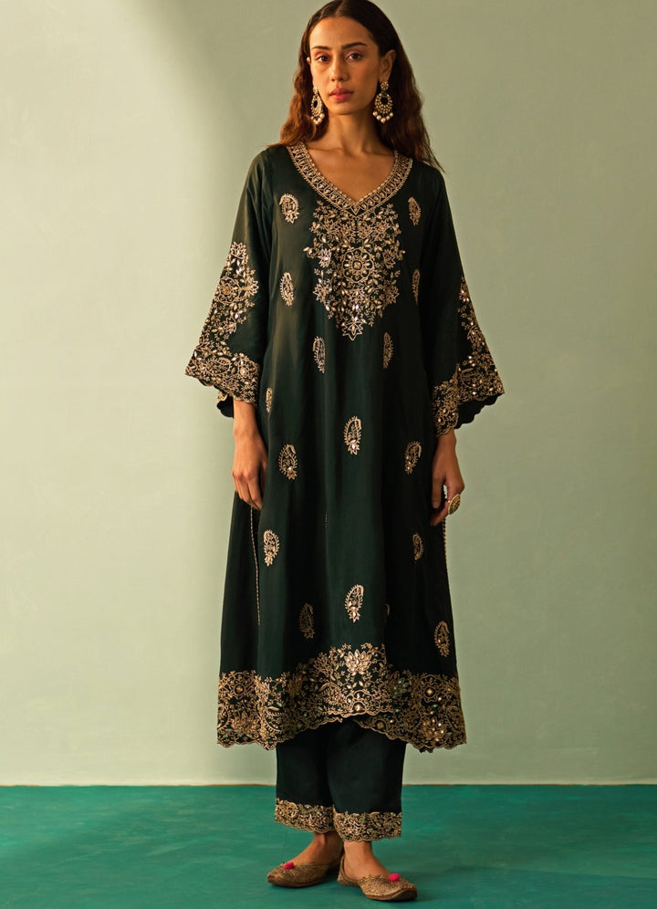Pine Green Silk And Crimson Kurta Set Angad Singh - Fabilicious Fashion