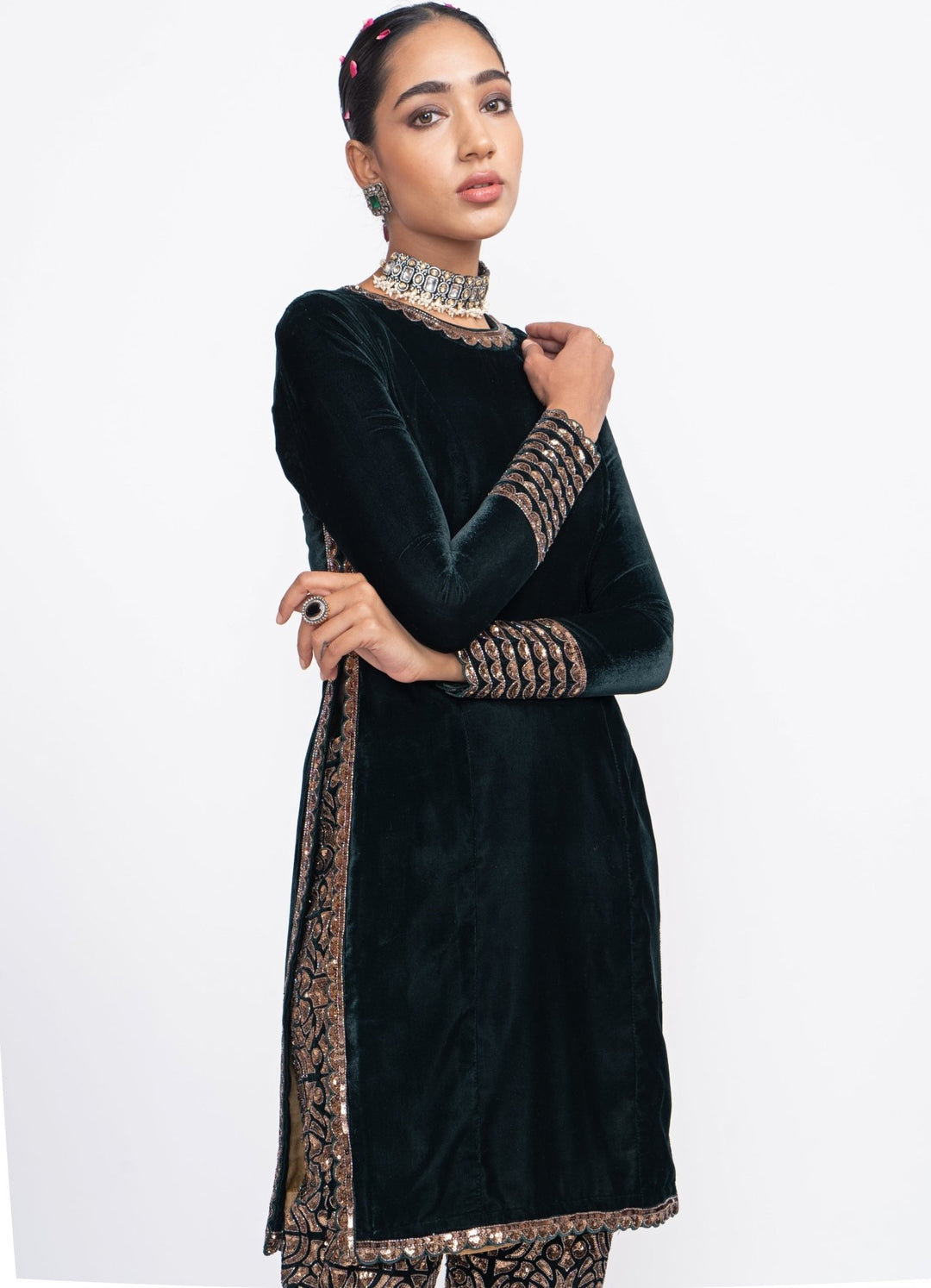 Pine Green Velvet Kurta Set Vvani by Vani Vats - Fabilicious Fashion