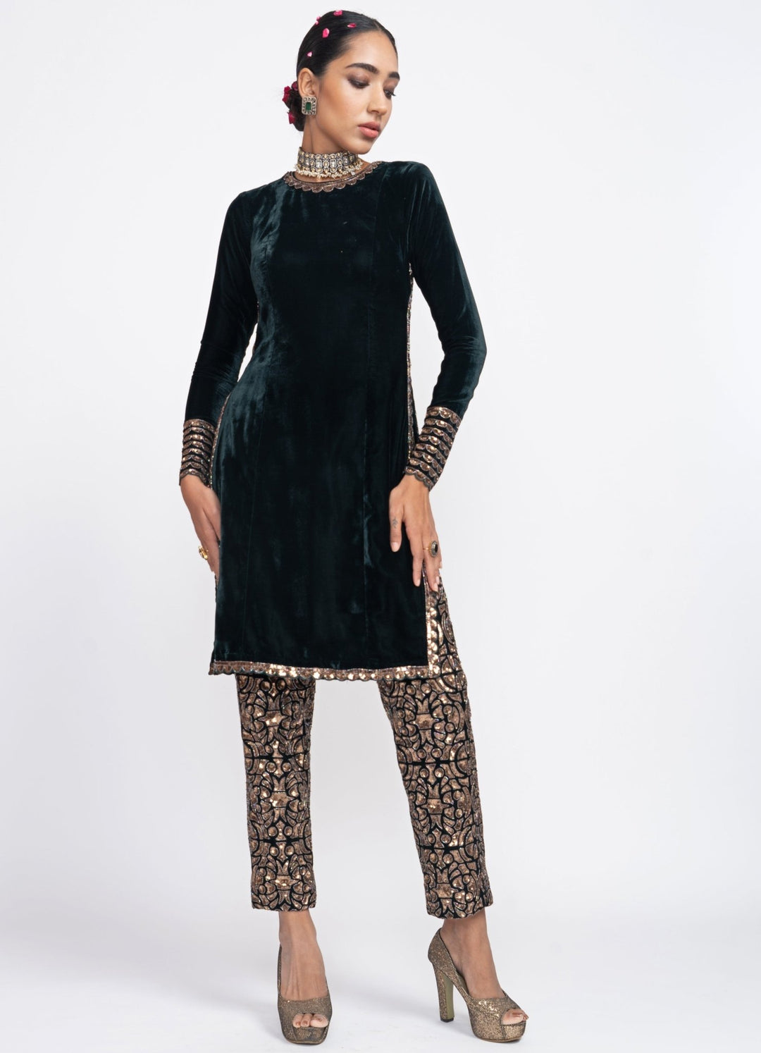 Pine Green Velvet Kurta Set Vvani by Vani Vats - Fabilicious Fashion