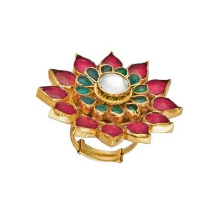 Pink And Green Flower Ring Riana by Shikha Jindal - Fabilicious Fashion