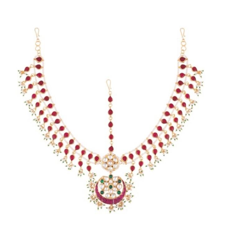 Pink And Green Jadtar Stone Mathapatti With Pearl Riana by Shikha Jindal - Fabilicious Fashion
