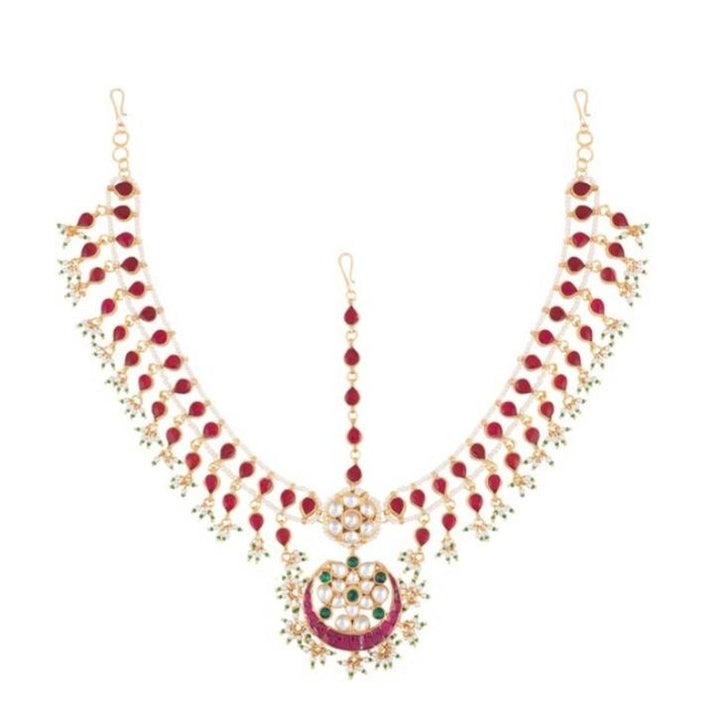 Pink And Green Jadtar Stone Mathapatti With Pearl Riana by Shikha Jindal - Fabilicious Fashion