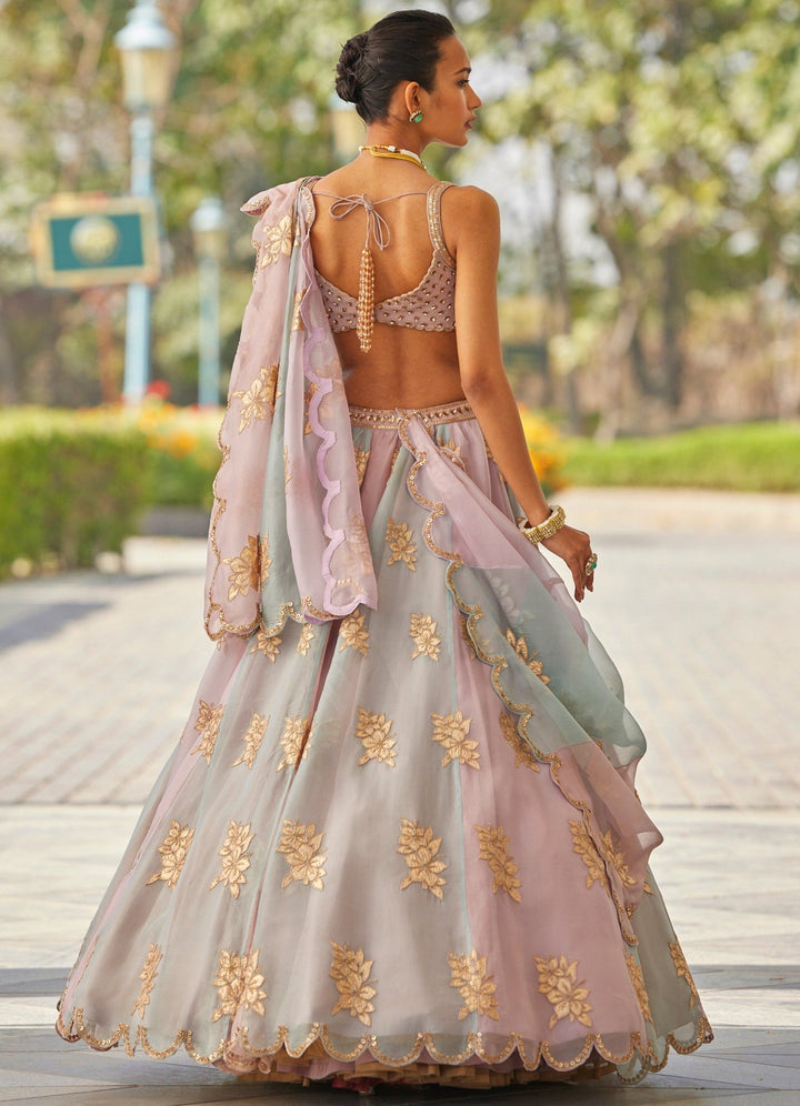 Pink and Grey Applique Lehenga With Sequinned Blouse Vvani by Vani Vats - Fabilicious Fashion