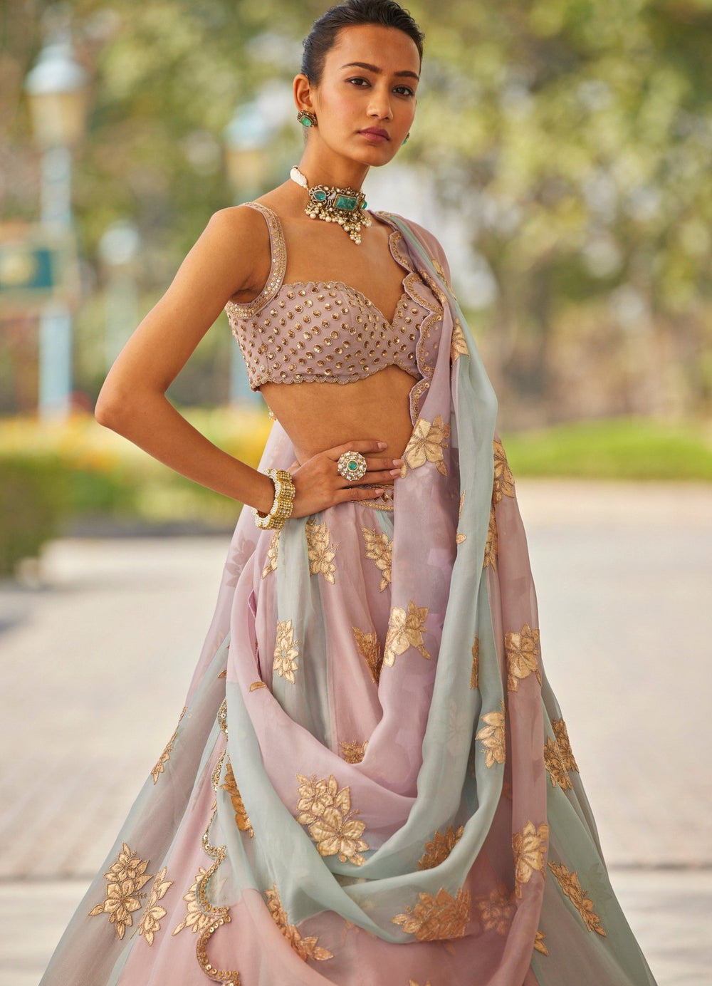 Pink and Grey Applique Lehenga With Sequinned Blouse Vvani by Vani Vats - Fabilicious Fashion