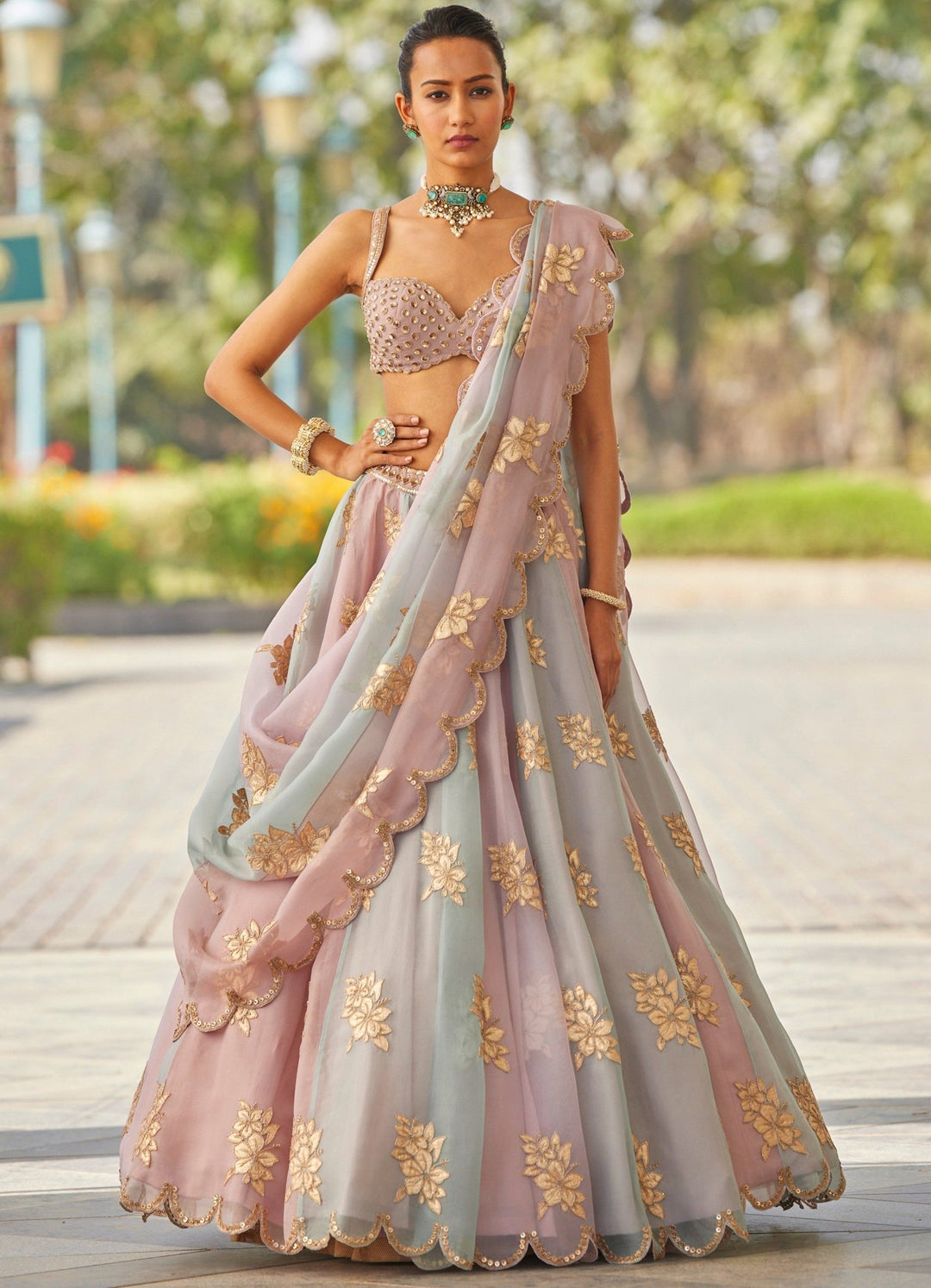 Pink and Grey Applique Lehenga With Sequinned Blouse Vvani by Vani Vats - Fabilicious Fashion