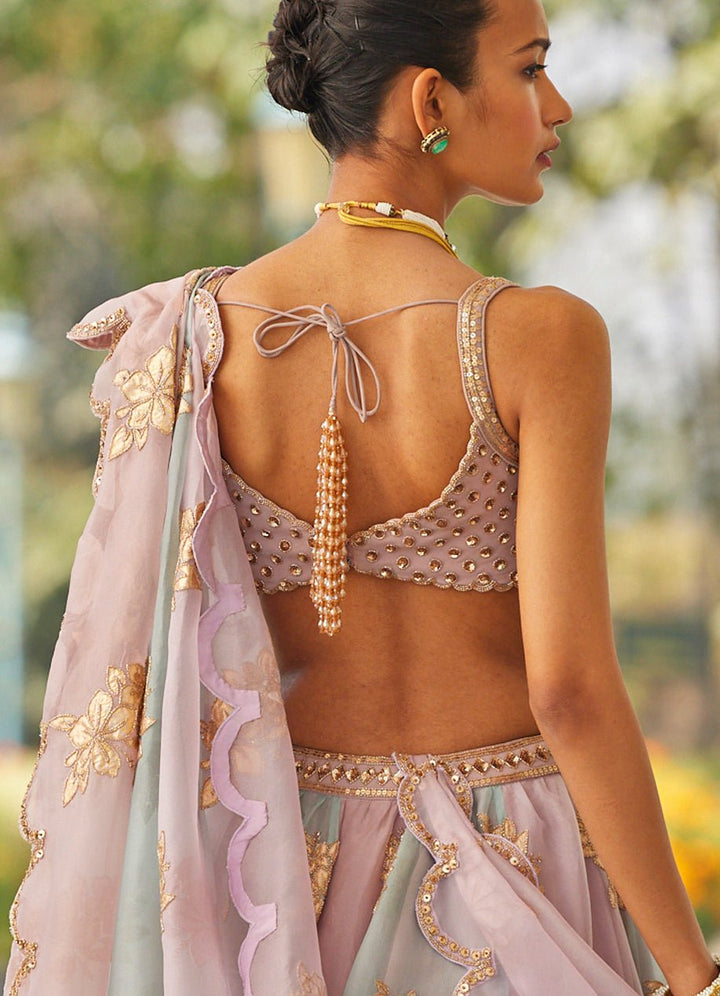 Pink and Grey Applique Lehenga With Sequinned Blouse Vvani by Vani Vats - Fabilicious Fashion