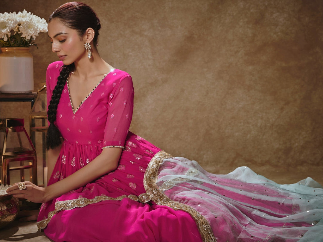 Pink And Mint Green Kurta Lehenga Set Renee Label - Fabilicious Fashion