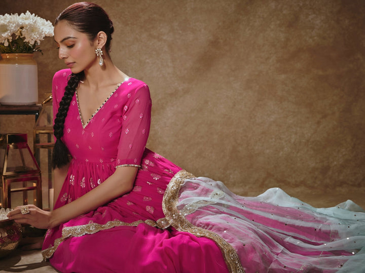 Pink And Mint Green Kurta Lehenga Set Renee Label - Fabilicious Fashion