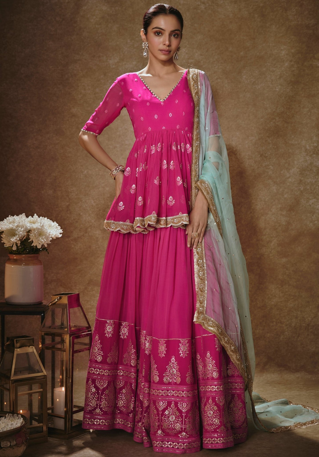 Pink And Mint Green Kurta Lehenga Set Renee Label - Fabilicious Fashion
