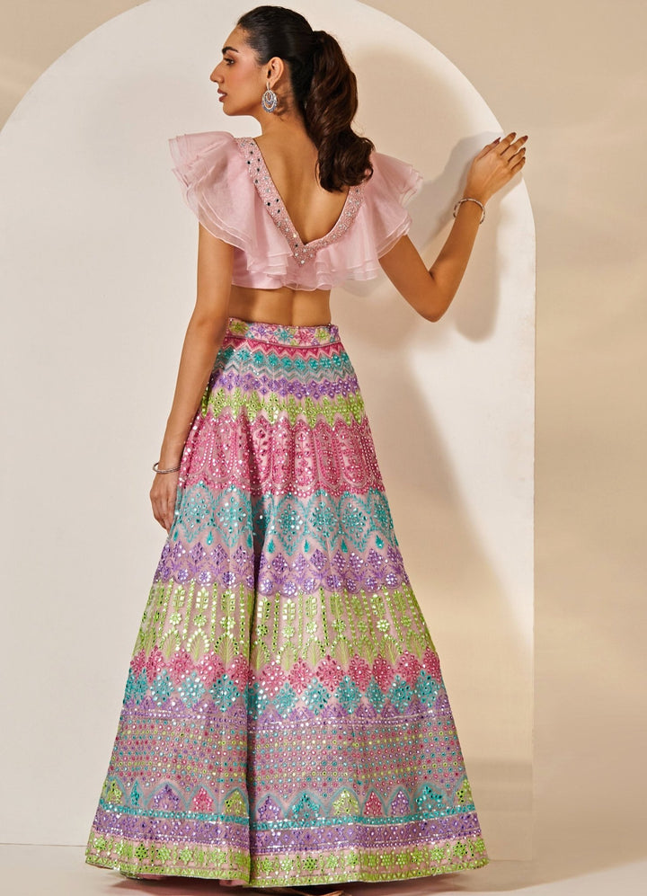 Pink and Multi color Mirror Organza Lehenga Set Studio Iris - Fabilicious Fashion