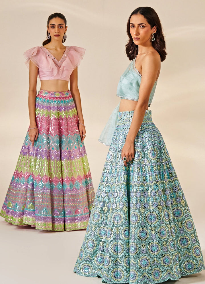 Pink and Multi color Mirror Organza Lehenga Set Studio Iris - Fabilicious Fashion