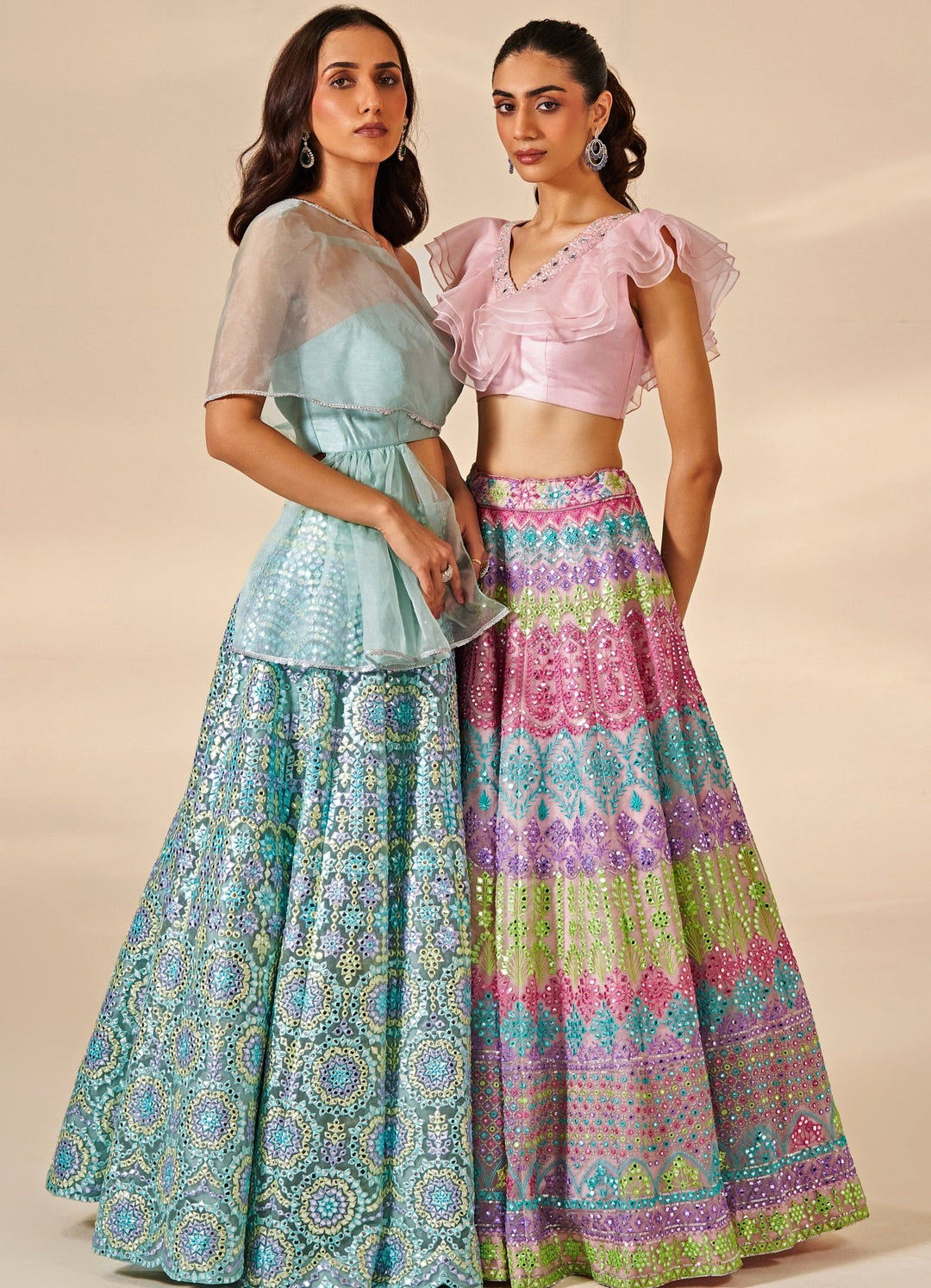 Pink and Multi color Mirror Organza Lehenga Set Studio Iris - Fabilicious Fashion