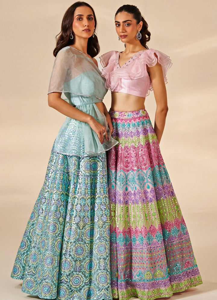 Pink and Multi color Mirror Organza Lehenga Set Studio Iris - Fabilicious Fashion