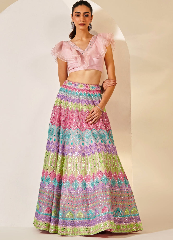 Pink and Multi color Mirror Organza Lehenga Set Studio Iris - Fabilicious Fashion