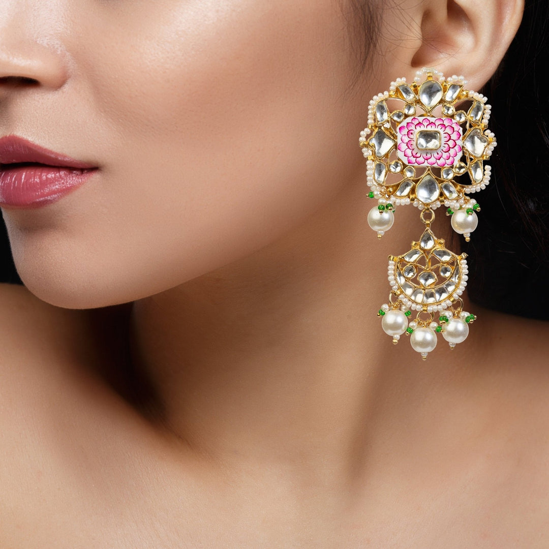 Pink And White Meena Work Earrings Riana by Shikha Jindal - Fabilicious Fashion