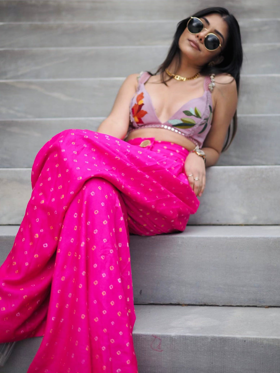 パンツ Peserico Polka-dots trousers Pink Pink Bandhani Silk Trousers With Lilac Bralette - The Little