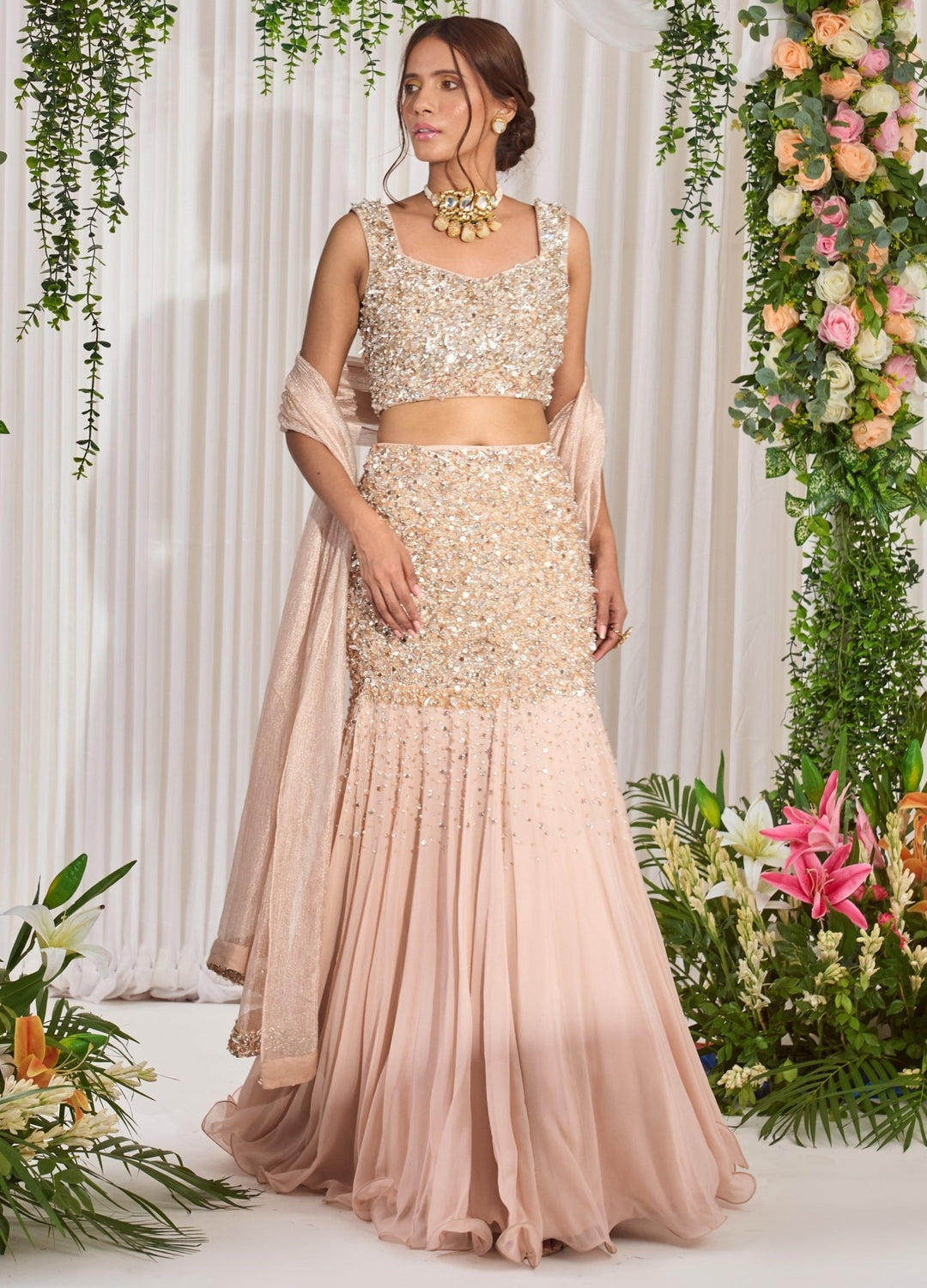 Pink Embellished Georgette Lehenga Set With Tissue Dupatta Nidhika Shekhar - Fabilicious Fashion
