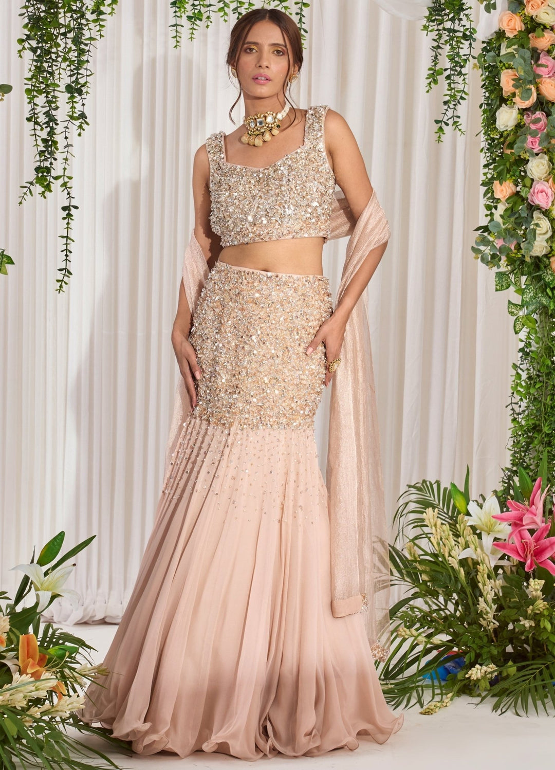 Pink Embellished Georgette Lehenga Set With Tissue Dupatta Nidhika Shekhar - Fabilicious Fashion