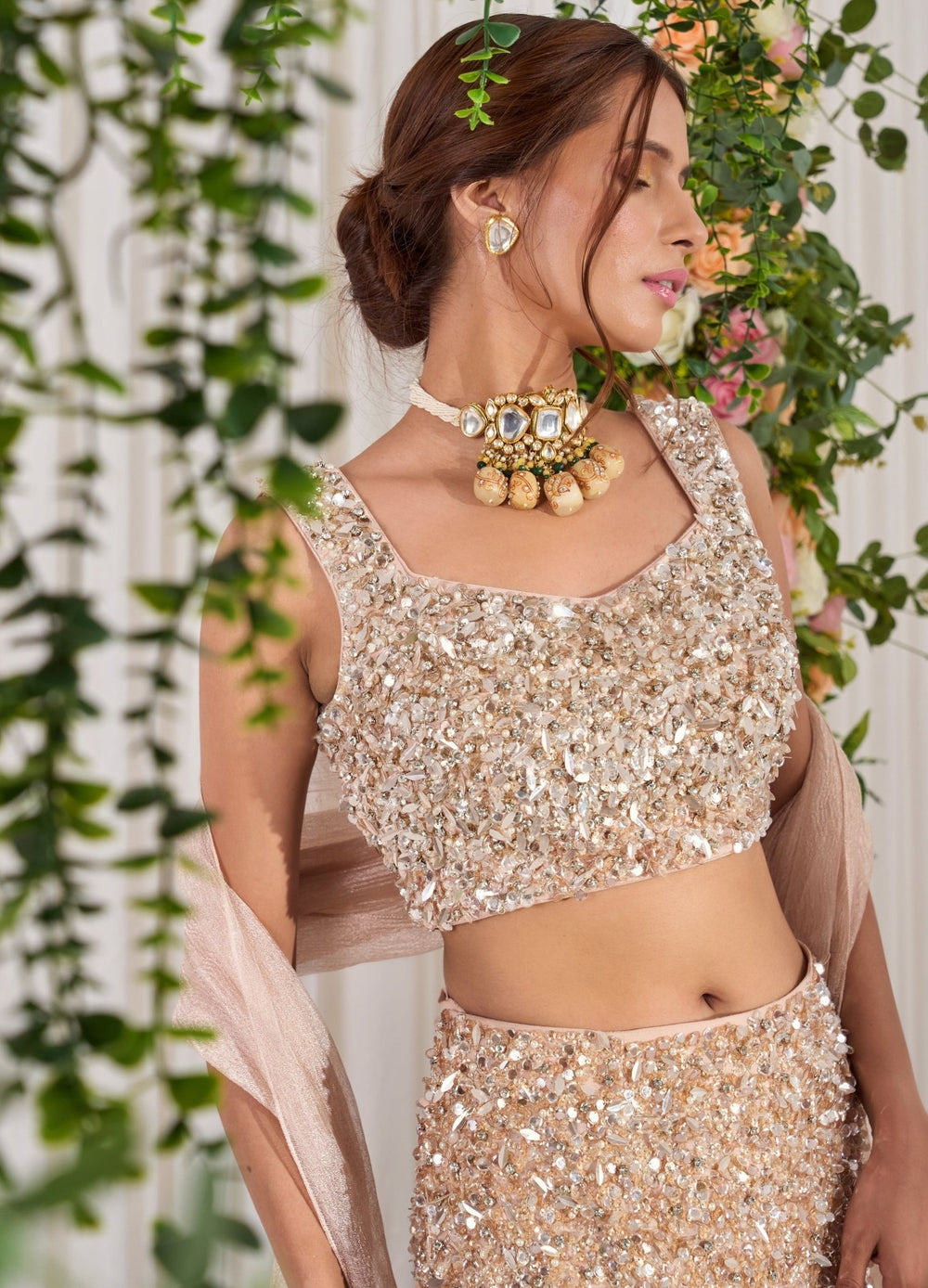 Pink Embellished Georgette Lehenga Set With Tissue Dupatta Nidhika Shekhar - Fabilicious Fashion