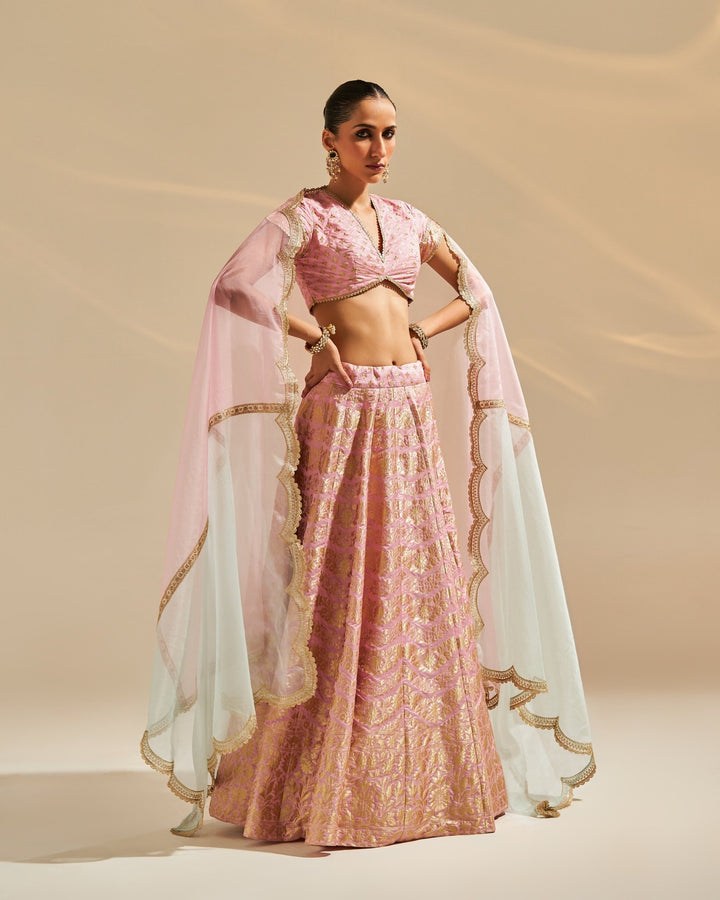 Pink Embroidered Banarsi Silk Lehenga Set Studio Iris - Fabilicious Fashion