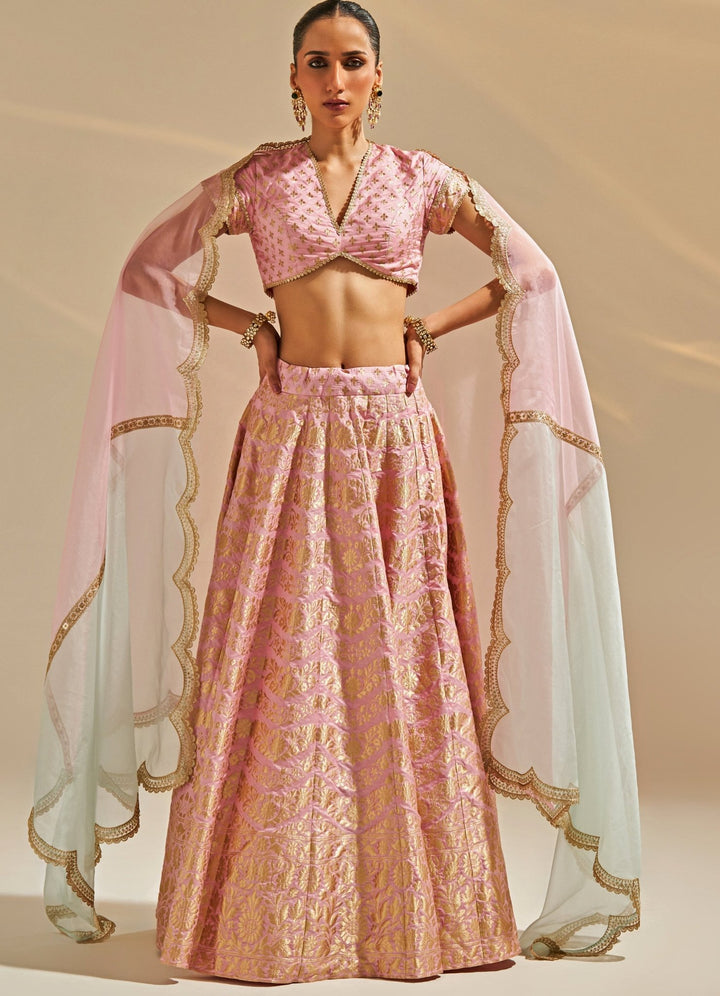Pink Embroidered Banarsi Silk Lehenga Set Studio Iris - Fabilicious Fashion