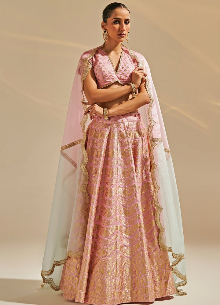 Pink Embroidered Banarsi Silk Lehenga Set Studio Iris - Fabilicious Fashion