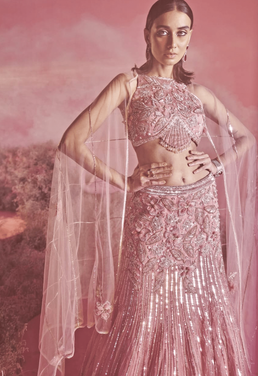Pink Embroidered Fish Cut Lehenga Set Parul Gandhi - Fabilicious Fashion