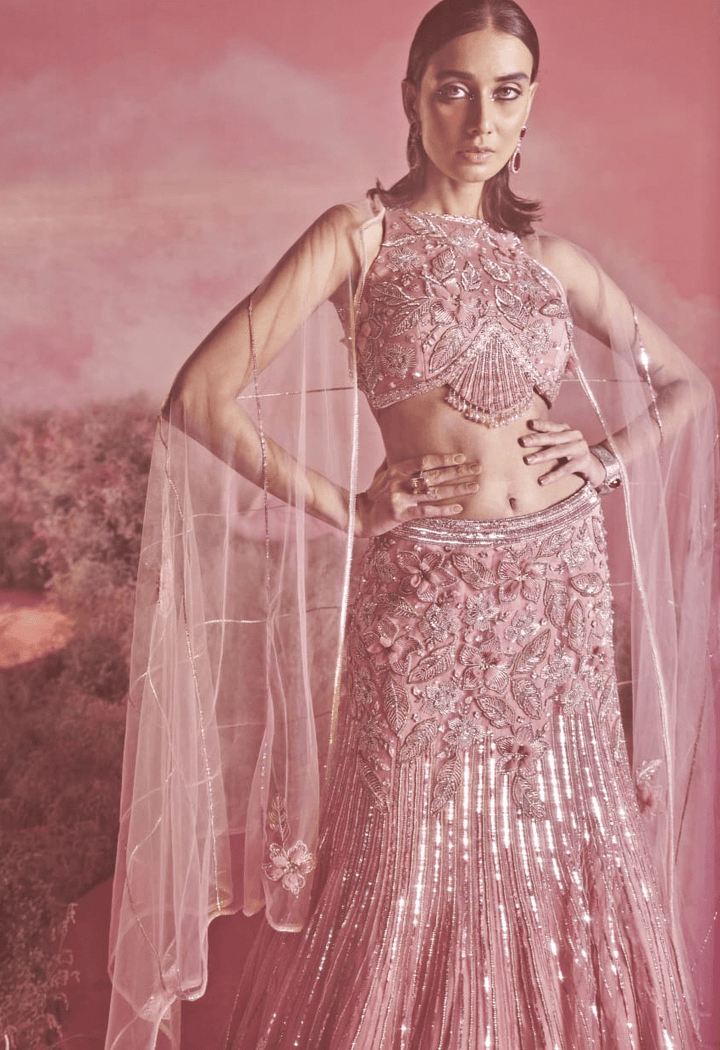 Pink Embroidered Fish Cut Lehenga Set Parul Gandhi - Fabilicious Fashion