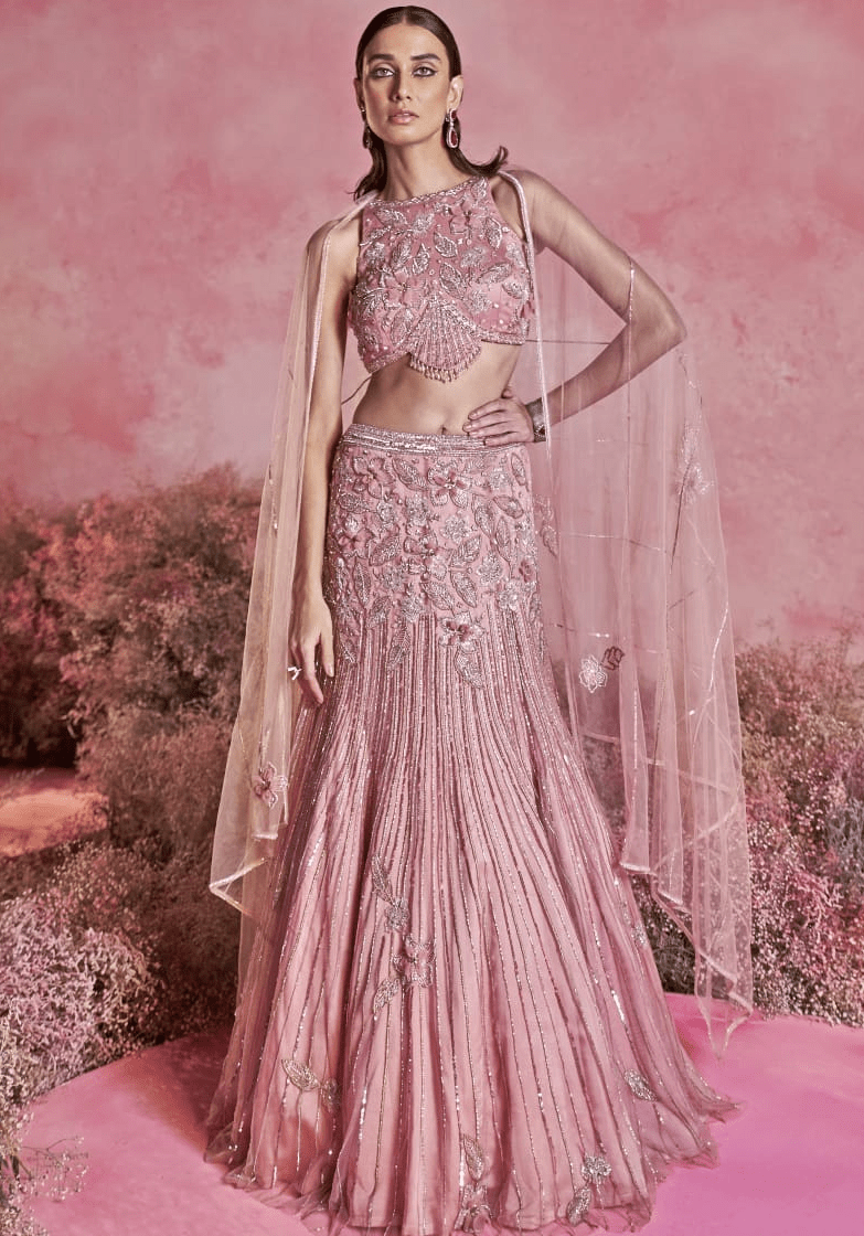 Pink Embroidered Fish Cut Lehenga Set Parul Gandhi - Fabilicious Fashion
