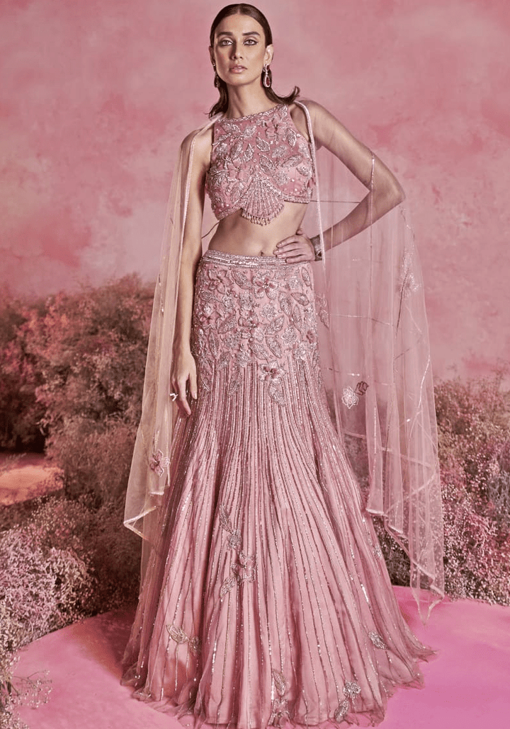 Pink Embroidered Fish Cut Lehenga Set Parul Gandhi - Fabilicious Fashion