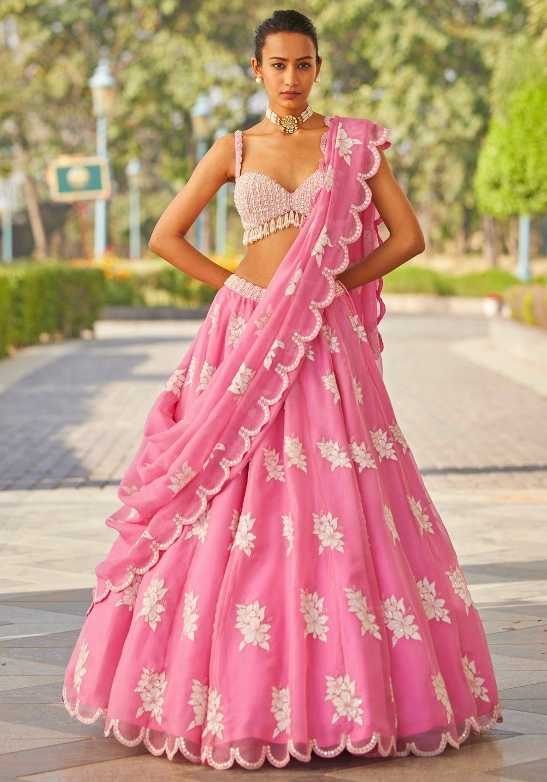 Pink Floral Applique Lehenga With Pearl Blouse Vvani by Vani Vats - Fabilicious Fashion