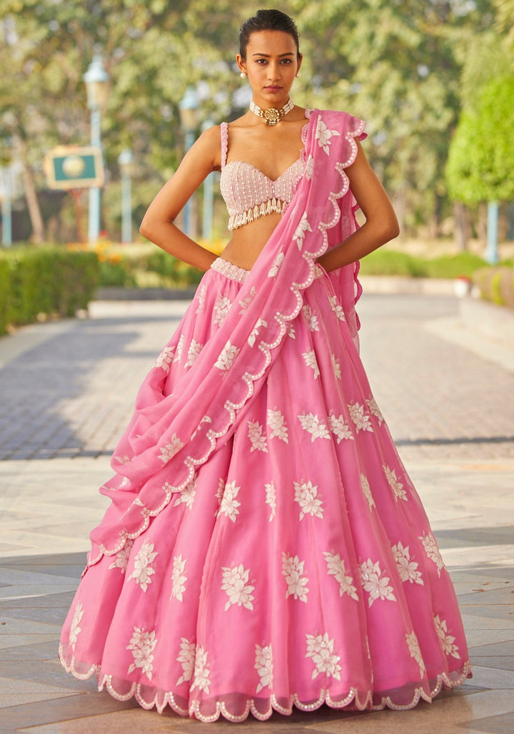 Pink Floral Applique Lehenga With Pearl Blouse Vvani by Vani Vats - Fabilicious Fashion