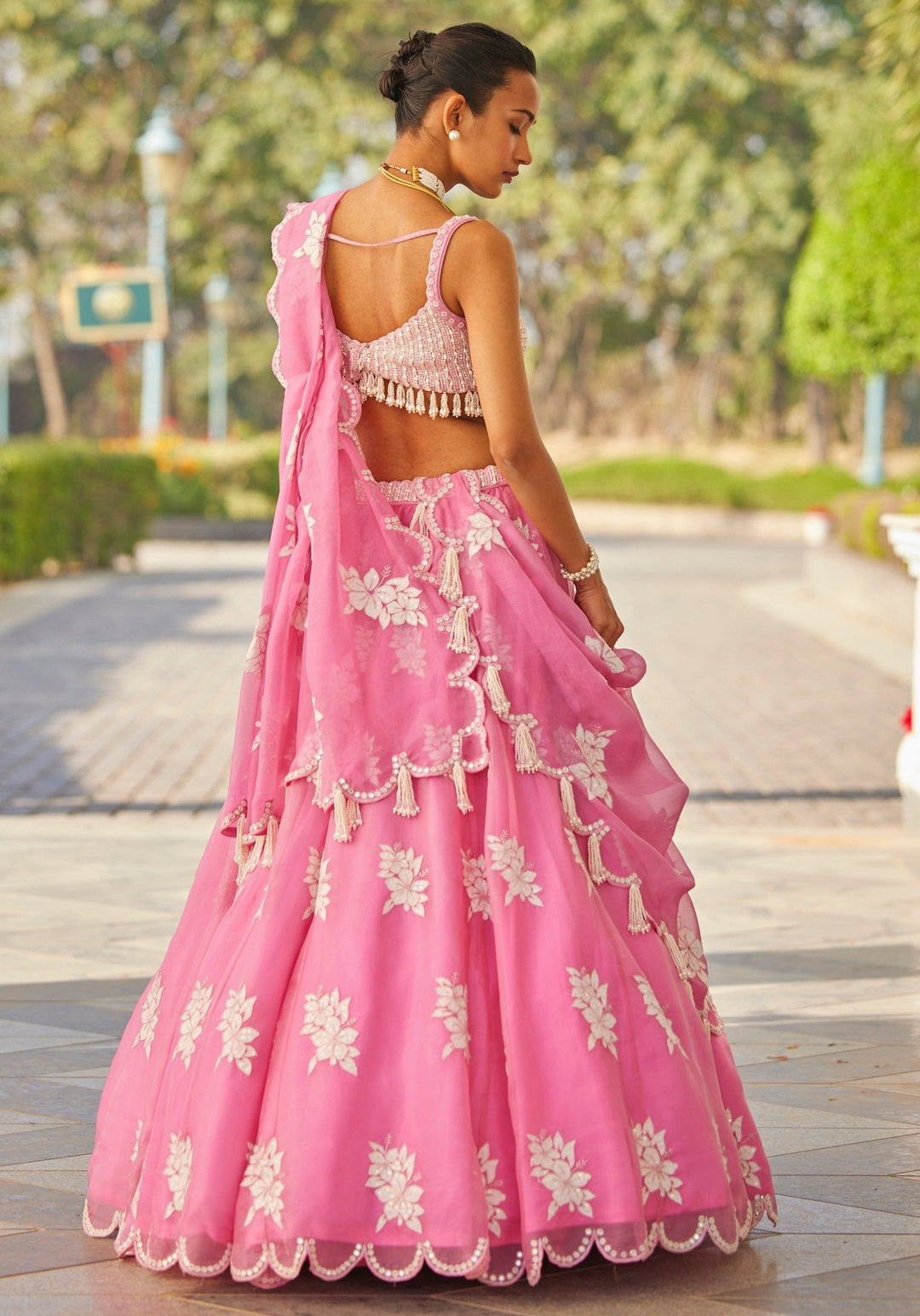 Pink Floral Applique Lehenga With Pearl Blouse Vvani by Vani Vats - Fabilicious Fashion