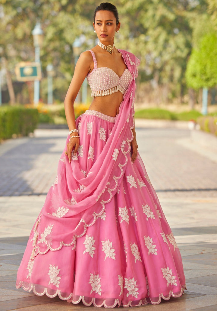 Pink Floral Applique Lehenga With Pearl Blouse Vvani by Vani Vats - Fabilicious Fashion