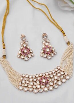 Pink Floral Center White Polki Set Zevar by Geeta - Fabilicious Fashion
