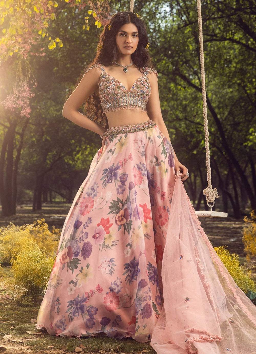 Pink Floral Printed Embroidered Lehenga Set Nitika Gujral - Fabilicious Fashion