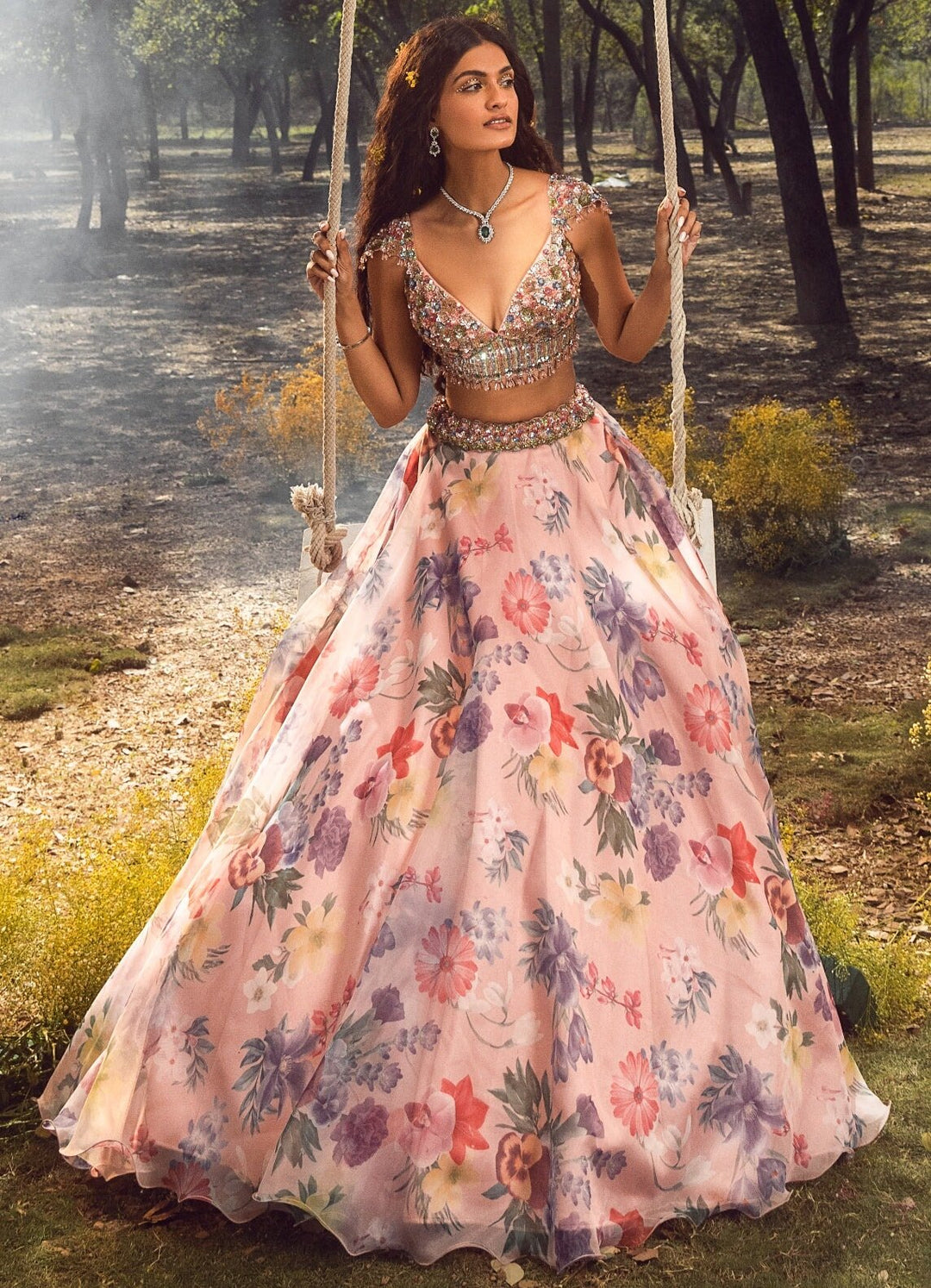 Pink Floral Printed Embroidered Lehenga Set Nitika Gujral - Fabilicious Fashion