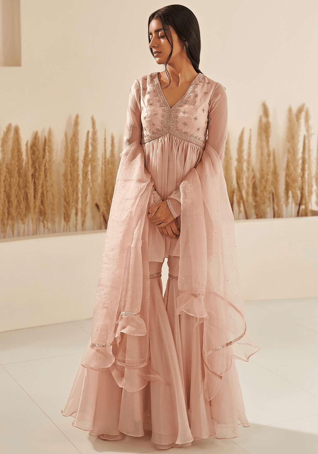 Pink Gold Embroidered Organza Sharara Set Zoon Tribe - Fabilicious Fashion