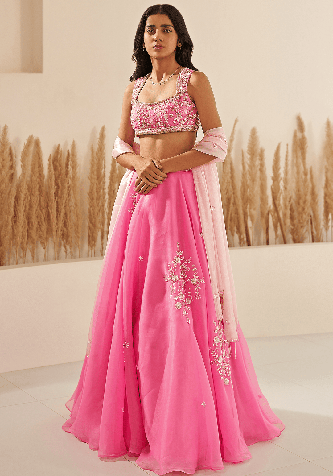 Pink Metallic Organza Embroidered Lehenga Set Zoon Tribe - Fabilicious Fashion