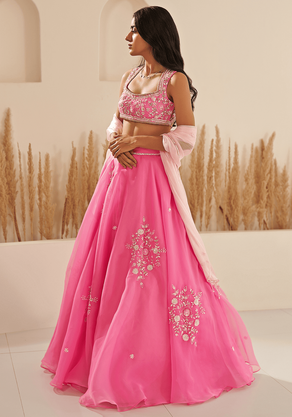 Pink Metallic Organza Embroidered Lehenga Set Zoon Tribe - Fabilicious Fashion