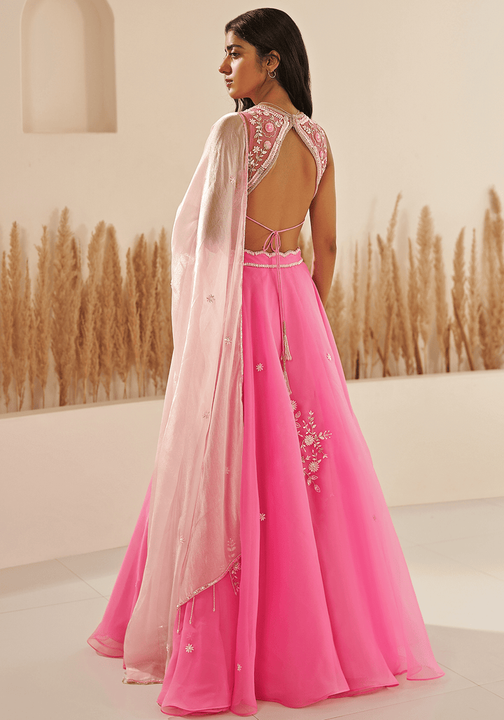 Pink Metallic Organza Embroidered Lehenga Set Zoon Tribe - Fabilicious Fashion