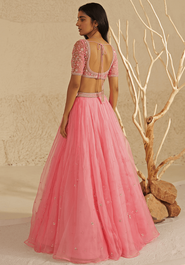 Pink Organza Embroidered Lehenga Set Zoon Tribe - Fabilicious Fashion