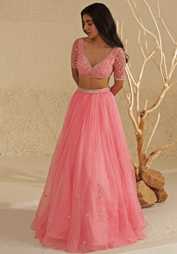 Pink Organza Embroidered Lehenga Set Zoon Tribe - Fabilicious Fashion