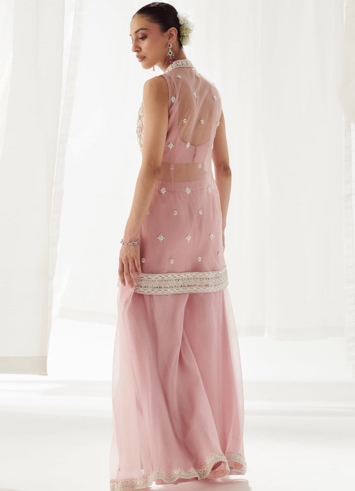 Pink Organza Sharara With Embellished Kurta And Ruffled Dupatta Suhino - Fabilicious Fashion