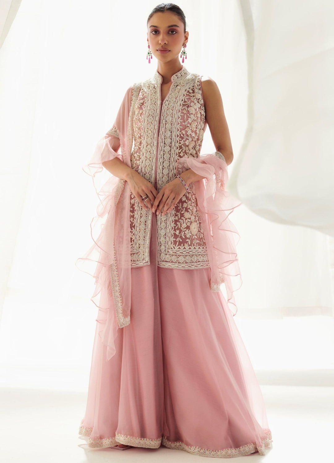 Pink Organza Sharara With Embellished Kurta And Ruffled Dupatta Suhino - Fabilicious Fashion