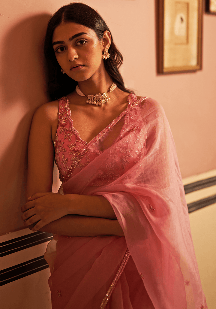 Pink Organza Silk Embroidered Saree Set Zoon Tribe - Fabilicious Fashion