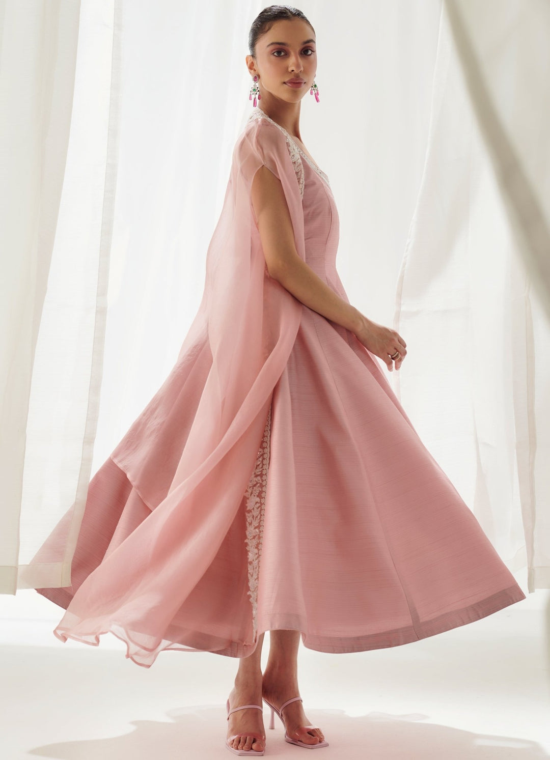 Pink Silk Anarkali With Embellished Cape Suhino - Fabilicious Fashion